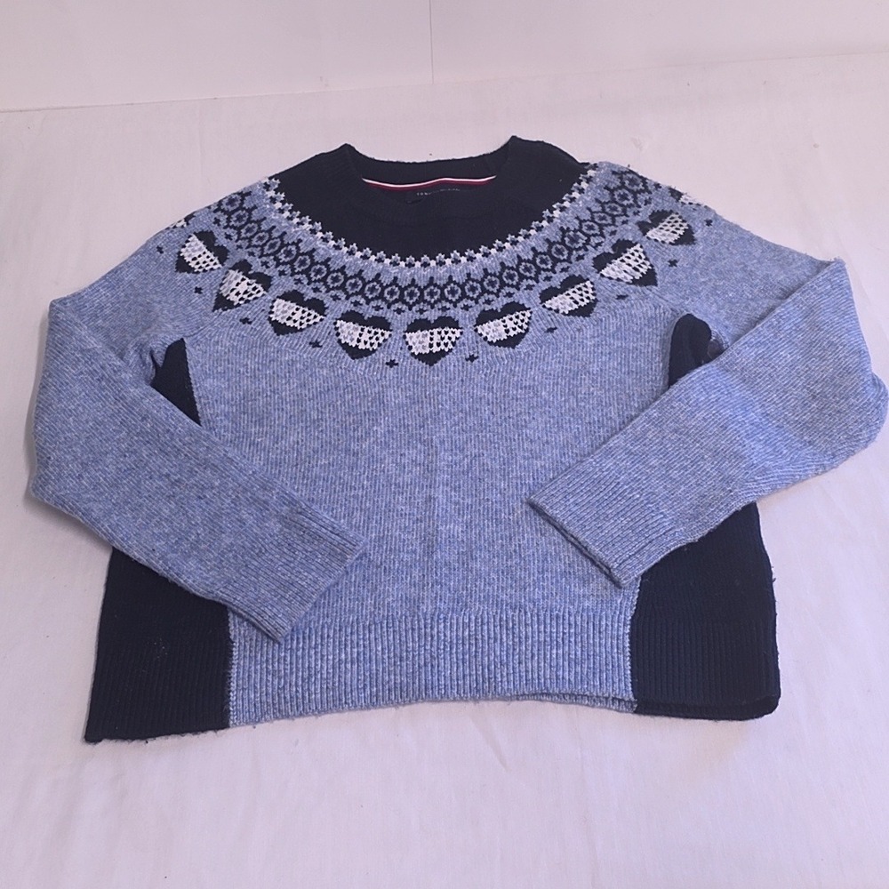 Tommy Hilfiger Sweater Womens S Blue Fair Isle Heart Pullover Preppy Nordic